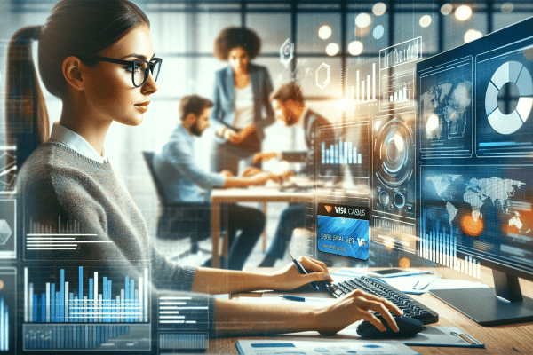 A young professional woman, centered in the frame, working intently at her computer in a modern office setting. She is surrounded by screens displaying financial graphs and analytics, with team members collaborating in the background, illustrating a day in the life of a Visa Consulting and Analytics intern.