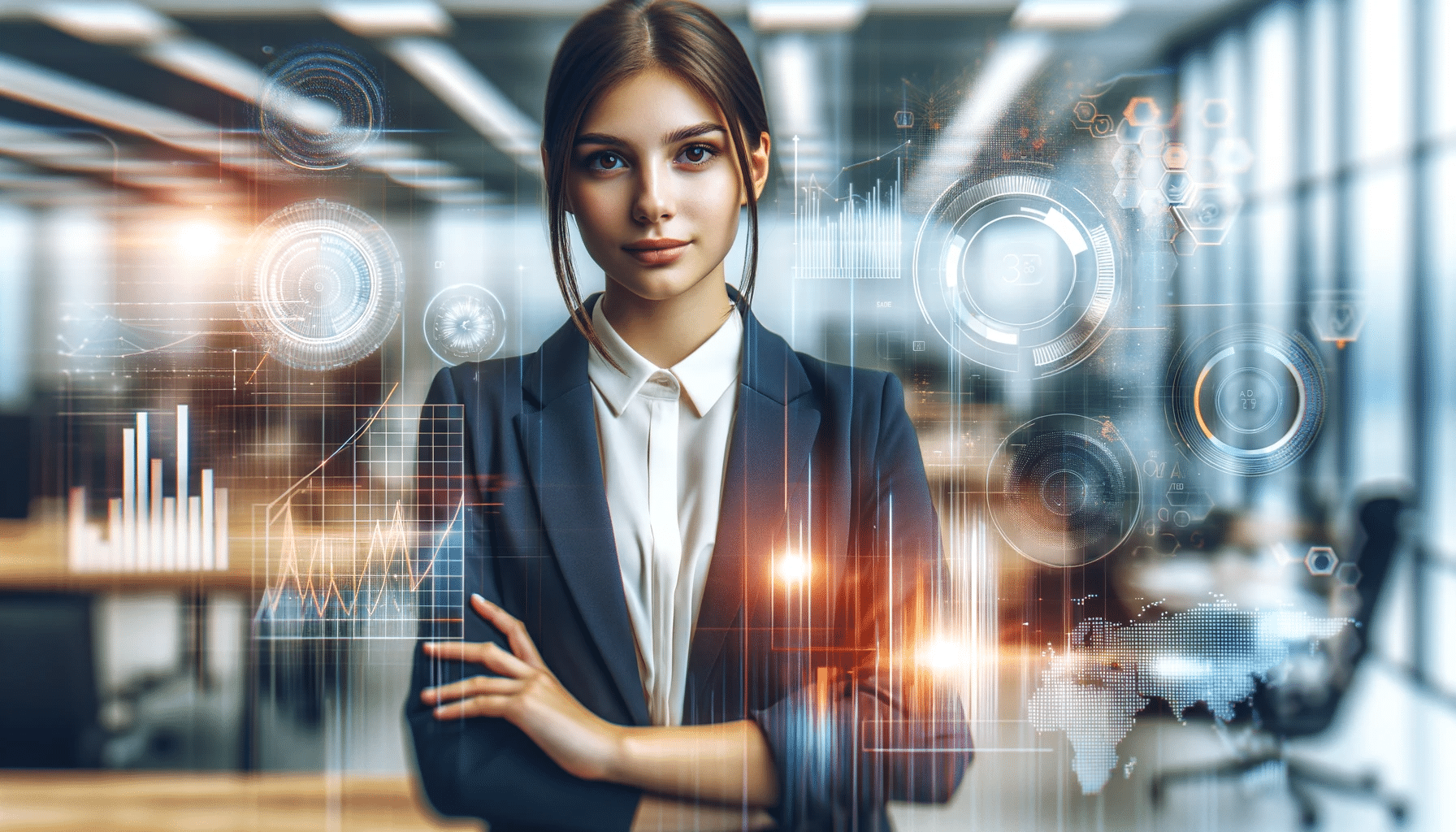 Focused young professional woman in business attire, centrally positioned in a modern office, surrounded by dynamic data analytics visuals, such as charts, graphs, and digital numbers, with subtle Visa Consulting and Analytics branding.