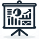 A minimalistic icon depicting a stylized projector screen with a graph and bullet points, representing the development and delivery of client-specific presentations, set against a white background.