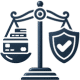 A minimalistic icon showing a balance scale with a stack of credit cards on one side and a shield on the other, representing the balance between growing a credit card portfolio and mitigating credit risk, against a white background.