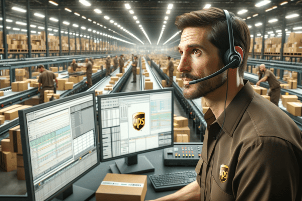 Focused UPS data supervisor, a Caucasian male in his 30s, working on multiple computer screens in a bustling warehouse with diverse workers sorting packages
