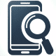 A simple icon of a modern digital device with a magnifying glass, symbolizing the use of emerging technology in customer acquisition, set against a white background