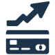 A minimalistic icon depicting a stylized credit card with an upward-pointing arrow against a white background, representing growth in market share for consumer credit cards