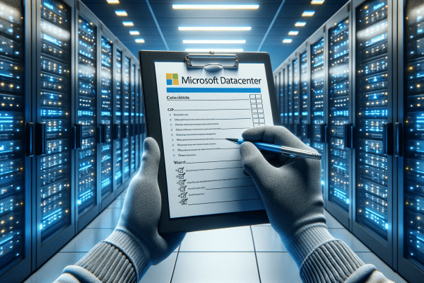 Close-up of a datacenter technician's hands holding a clipboard with a checklist and a pen, with the Microsoft logo, in front of a row of server racks with blue LED lights.