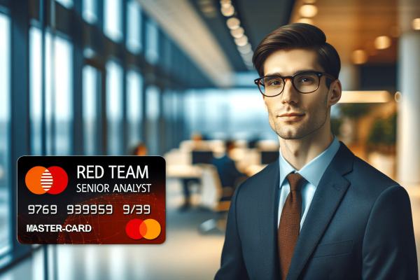 Confident cybersecurity professional in business attire in a modern office, embodying a skilled Red Team Senior Analyst at Mastercard.